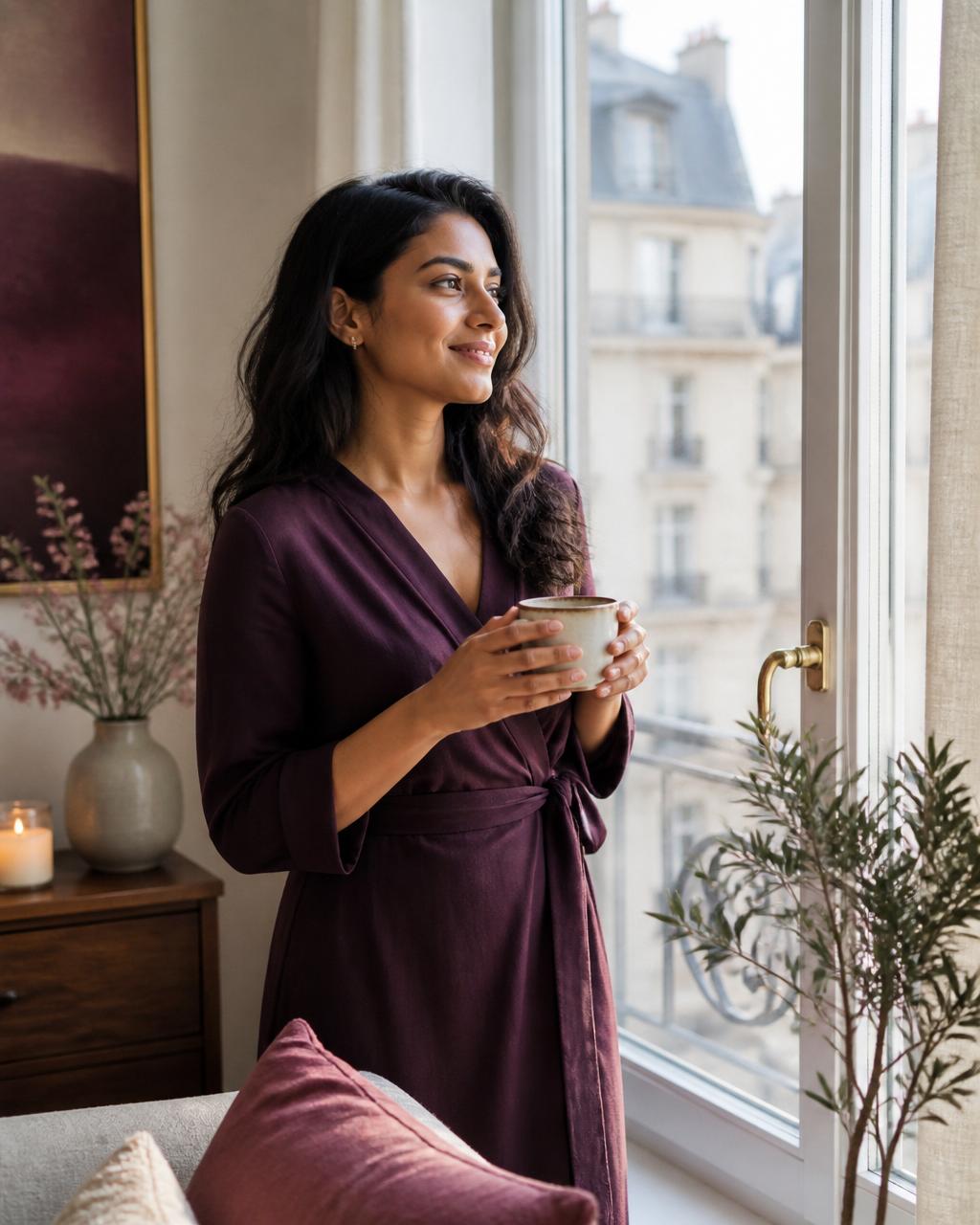 An expat woman standing peacefully by a sunlit window, at home in herself